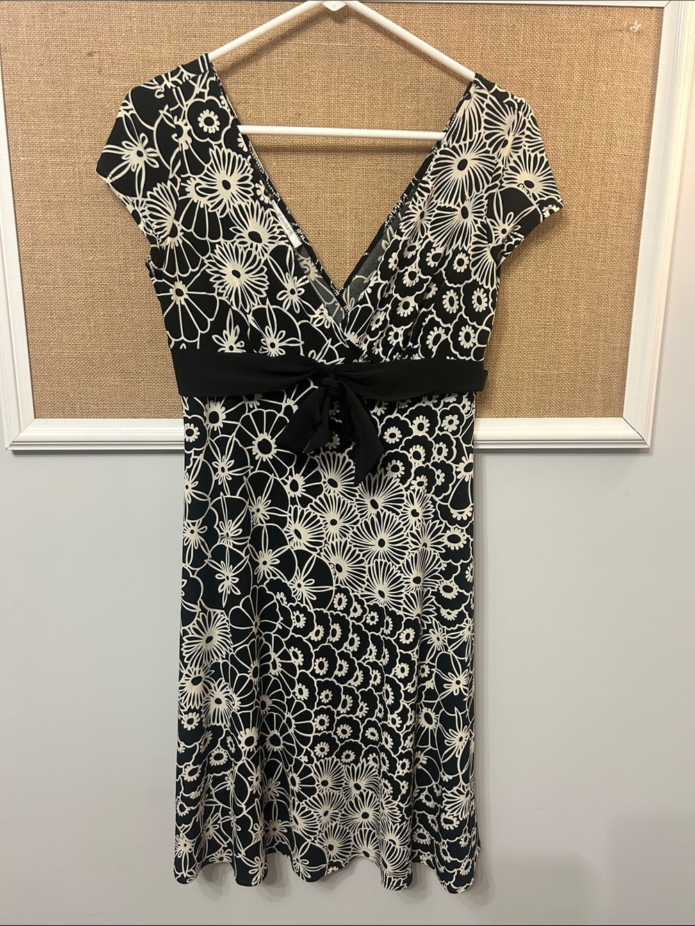 dressbarn Black and White Floral Wrap-Style Dress